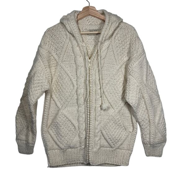 Native World 100% Wool Chunky Knit Zip Up Cardigan Sweater Hoodie Cream Sz L * - Picture 1 of 12
